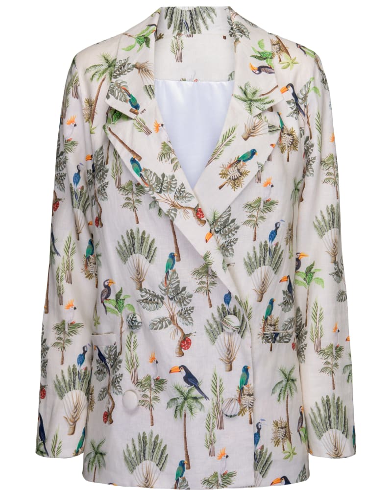 Front of a size 1X Tropics Printed Boyfriend Blazer in Cream Print by Hilary MacMillan. | dia_product_style_image_id:352650